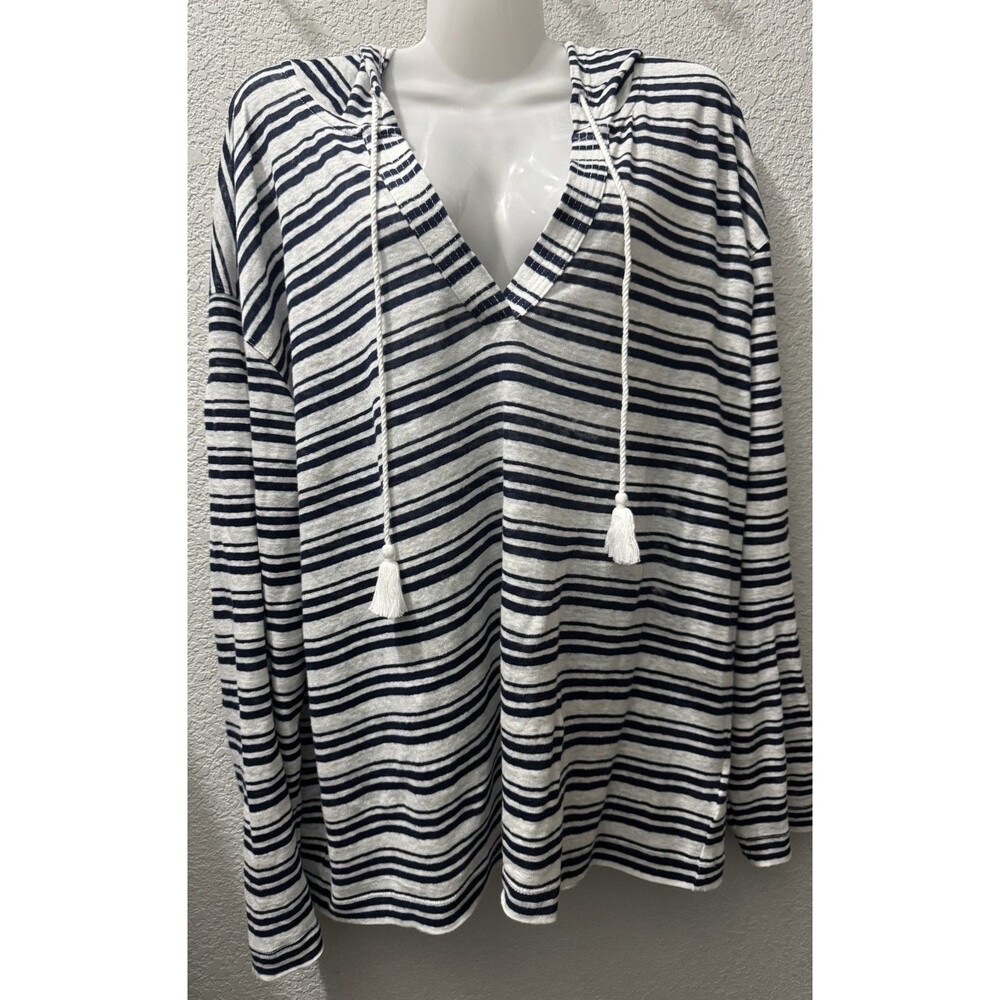 Tahari Navy Blue Striped 100% Linen Knit Top L Hooded Long Sleeves Beachy